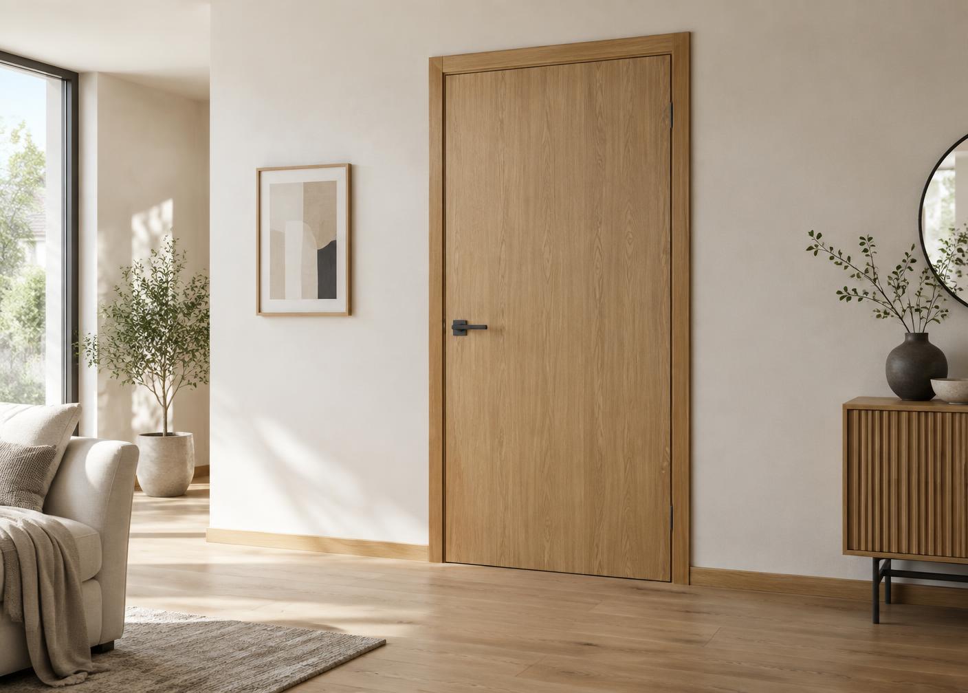 Moderne Innentür aus Eichenholz in einem hellen Wohnraum
